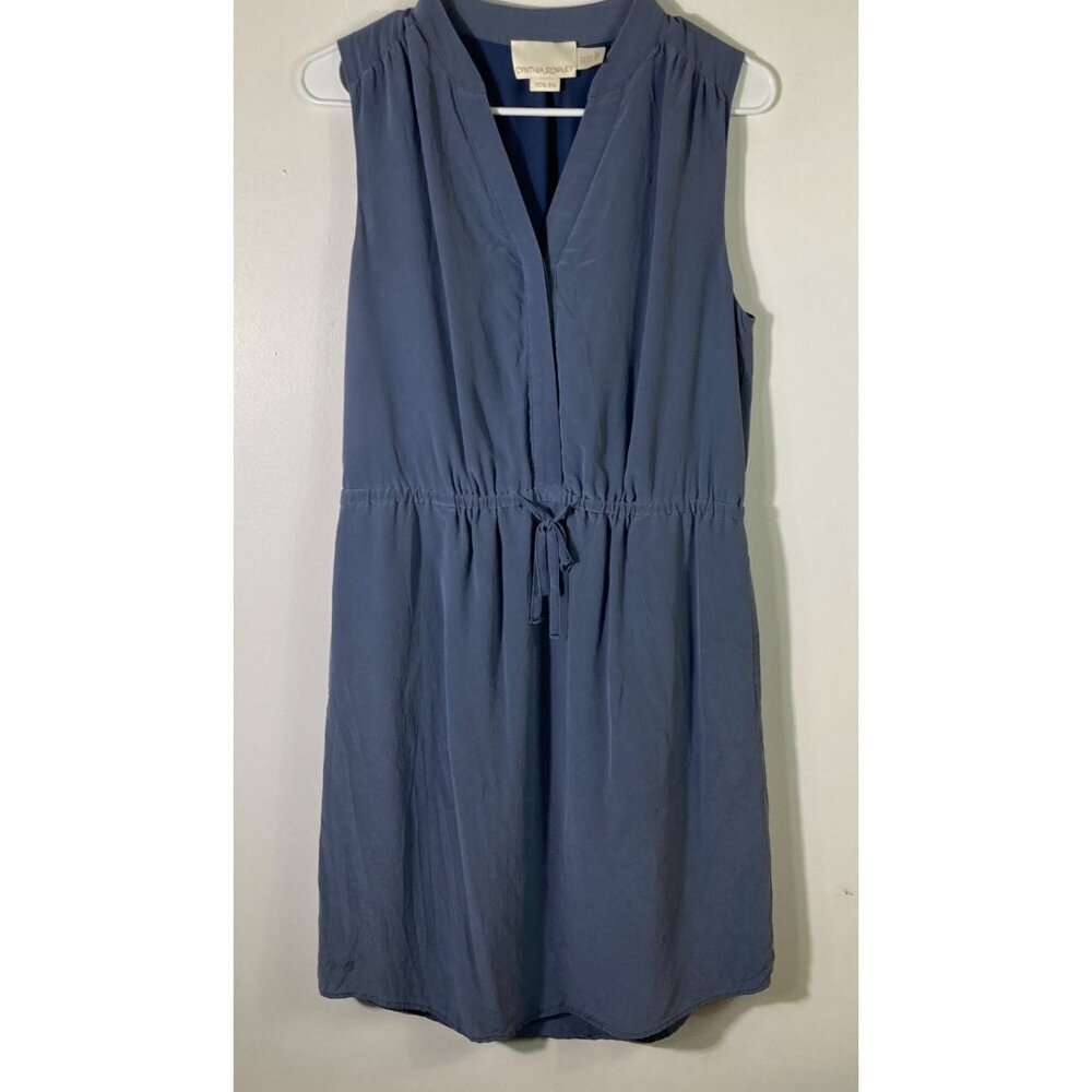 Womens Cynthia Rowley Sleeveless Silk Dress 1/2 Button‎ Cinch Waist Blue 6